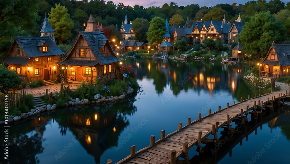 Enchanted village with historic tower and tranquil waters. Enchanted village with historic tower and tranquil waters.
