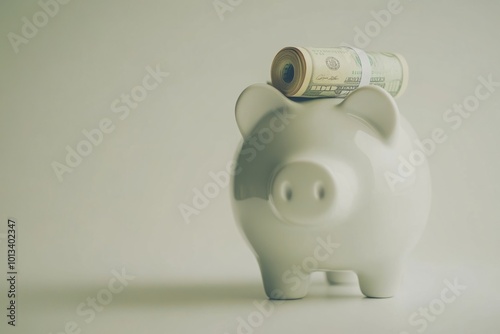 A simple white piggy bank holds rolled money on its back. Savings and investment are important for financial growth and security. Start saving today. Generative AI