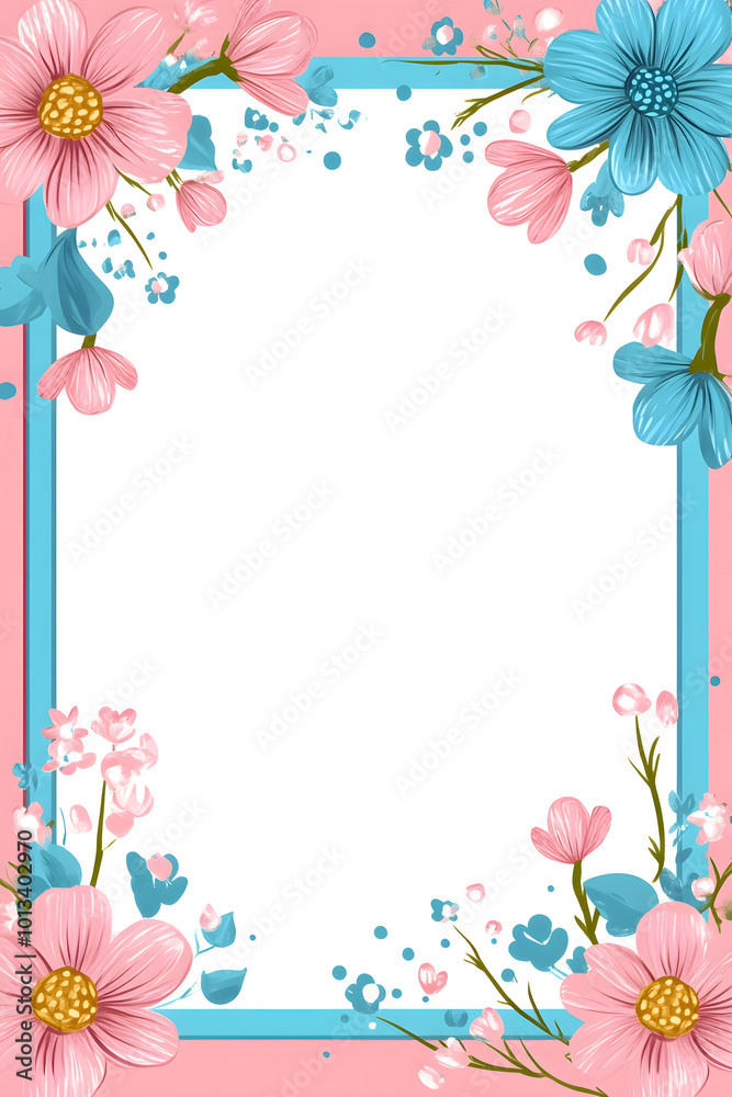 Elegant, colorful frame with blue flowers, a hot pink background, and a vector illustration design. White space in the center of each rectangle for writing text design Elegant, colorful frame with blue flowers, a hot pink background, and a vector illustration design. White space in the center of each rectangle for writing text design