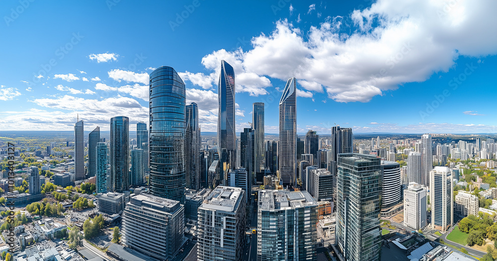 Fototapeta premium Aerial View of City Skyline and High-Rise Buildings Under Blue Sky and White Clouds