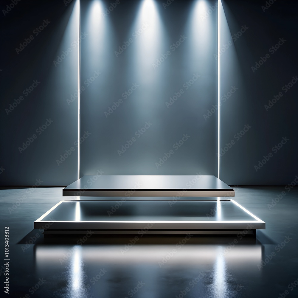 A sleek, modern rectangular podium with a futuristic design, with clean lines, metallic surfaces and glowing accents, for product presentation
A sleek, modern rectangular podium with a futuristic design, with clean lines, metallic surfaces and glowing accents, for product presentation