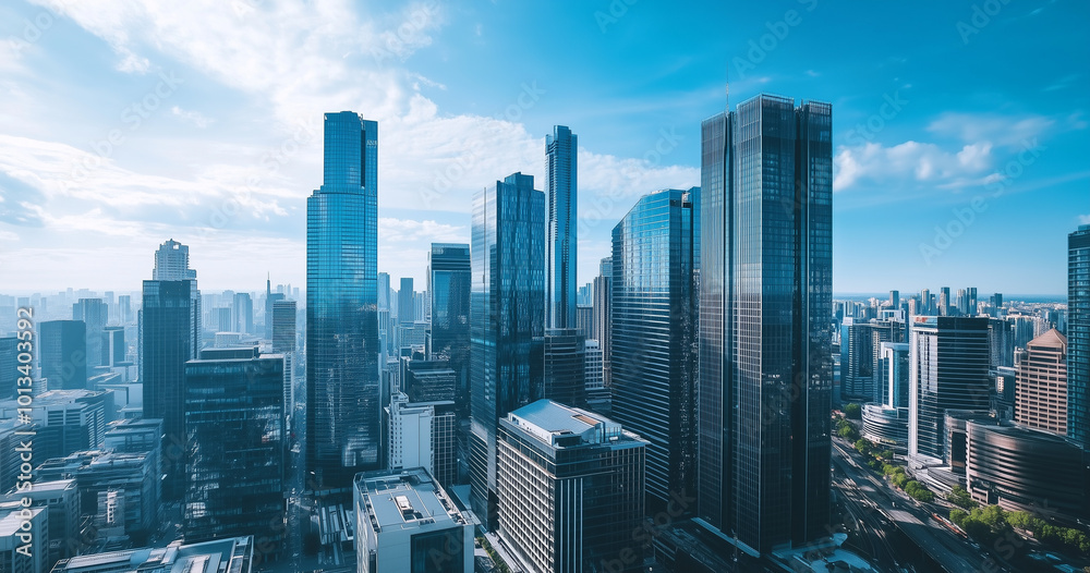 Fototapeta premium Aerial View of City Skyline and High-Rise Buildings Under Blue Sky and White Clouds