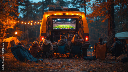 Friends are watching a live game on a smart TV in the back of a camping SUV.