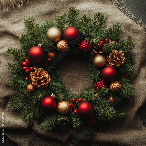 picturesque flat lay of a natural Christmas wreath made with lush green pine branches