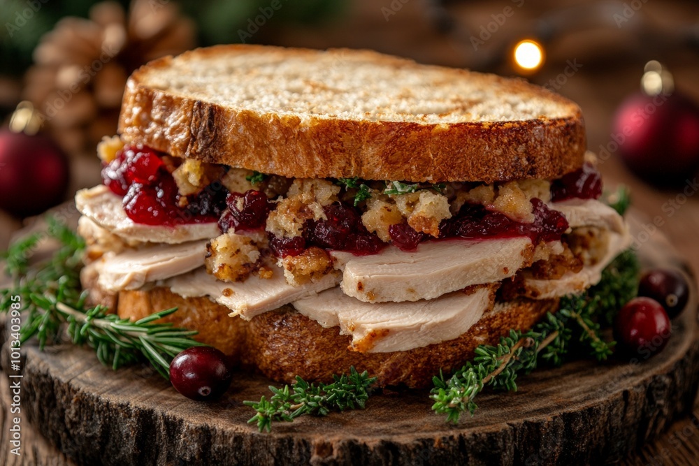 Christmas sandwich, piled high with slices of roasted turkey, savory stuffing, and a generous dollop of cranberry sauce Christmas sandwich, piled high with slices of roasted turkey, savory stuffing, and a generous dollop of cranberry sauce