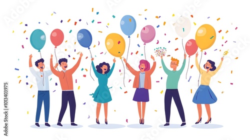 Happy team celebrating birthday together, vector illustration on a white background, in a minimalist style, with a flat design