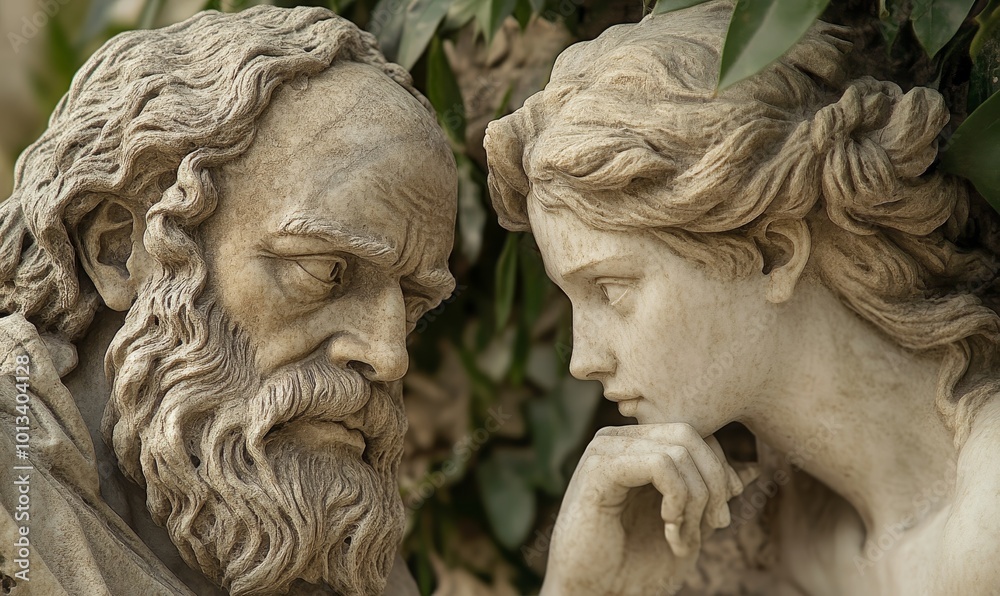 Stone statues of a man and a woman.