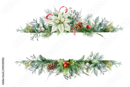 Watercolor Christmas banner with fir branches, white poinsettia flower, holly berry and space for text. Postcard. Christmas background.