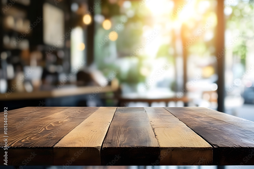 Empty wooden table top with a blurred bokeh background design of a coffee shop interior, suitable for a product display montage design Empty wooden table top with a blurred bokeh background design of a coffee shop interior, suitable for a product display montage design