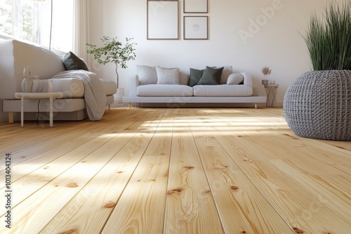 A living space with light pinewood floors, each board showcasing a natural, light honey hue and delicate grain. 