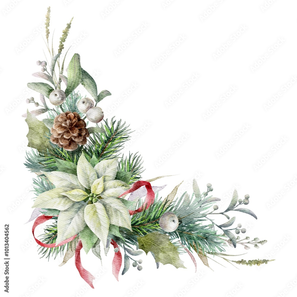 Fototapeta premium Watercolor corner garland with white poinsettia flower, fir branches and cone, red bow and herbs. Christmas decorative element. 