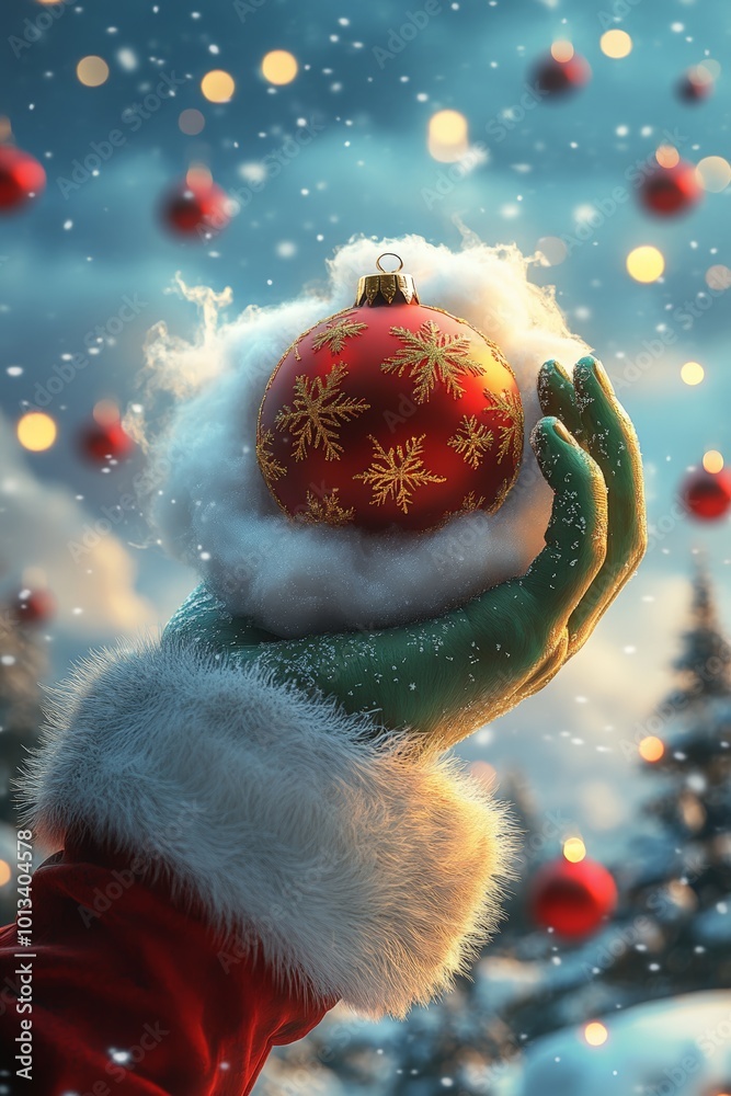 green hairy hand emerging from a fluffy white cloud, dressed in a bright red Santa suit, clutching a shiny red Christmas ball adorned with golden stars