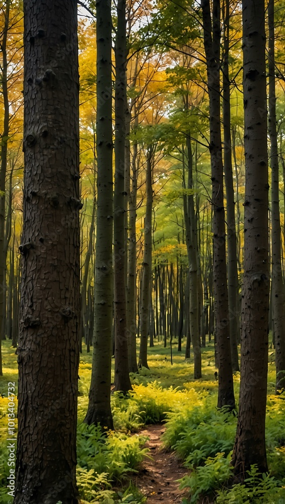 Forest with trees in shades of yellow and green. Forest with trees in shades of yellow and green.