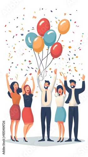 Happy team celebrating birthday together, vector illustration on a white background, in a minimalist style, with a flat design