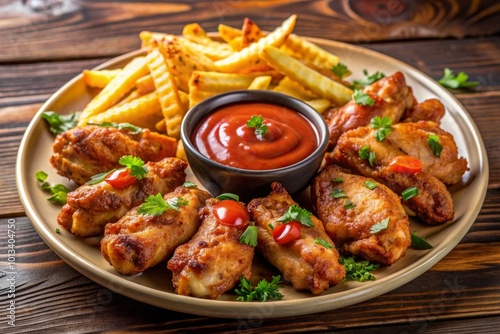 Chicken wings and french fries with tomato sauce