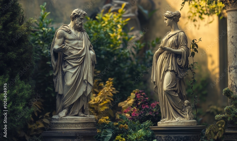 Obraz premium Two stone statues in a garden setting.
