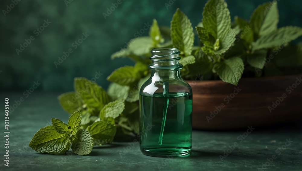 Fresh mint leaves with a dropper bottle on green.