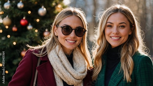 Two Smiling Women in Stylish Winter Coats and Scarves Posing Outdoors Near a Christmas Tree photo