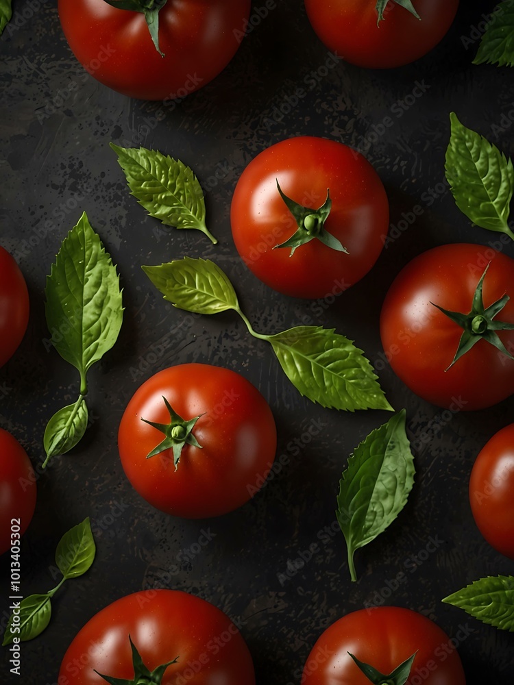 Fresh red tomatoes with green leaves on a dark background. Fresh red tomatoes with green leaves on a dark background.