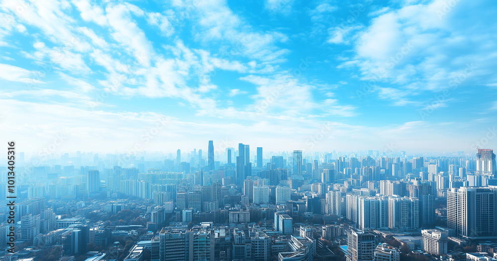 City Skyline and Skyscrapers Under Blue Sky and White Clouds Aerial View
