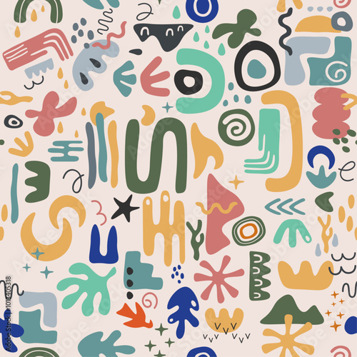 And background of squiggles and varius abstractions. Seamless back ground from abstract geometric shapes of free forms. Organic nature, simple summer decoloured.