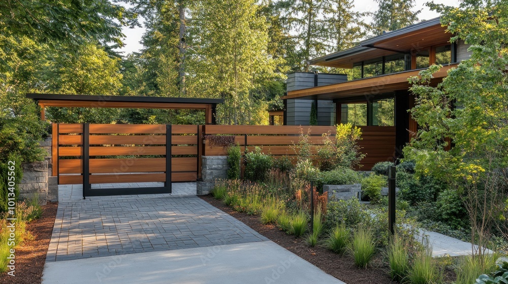 Modern Home Entrance with Wooden Fence and Gate Modern Home Entrance with Wooden Fence and Gate
