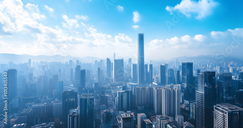 City Skyline and Skyscrapers Under Blue Sky and White Clouds Aerial View