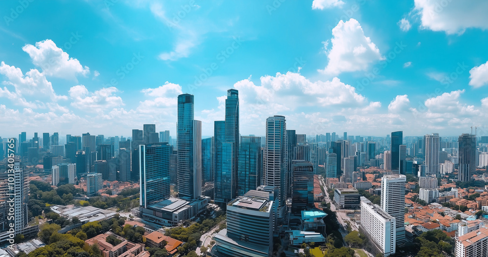 Fototapeta premium City Skyline and Skyscrapers Under Blue Sky and White Clouds Aerial View