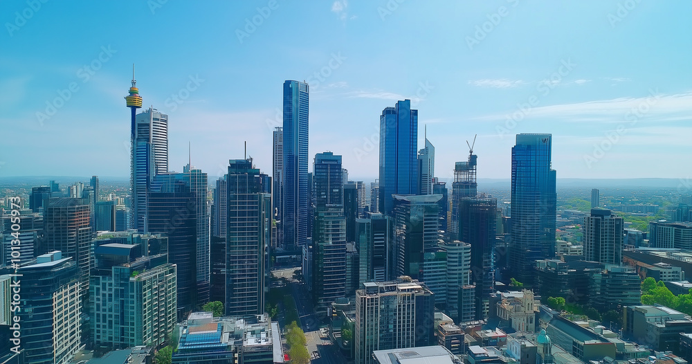 City Skyline and Skyscrapers Under Blue Sky and White Clouds Aerial View City Skyline and Skyscrapers Under Blue Sky and White Clouds Aerial View