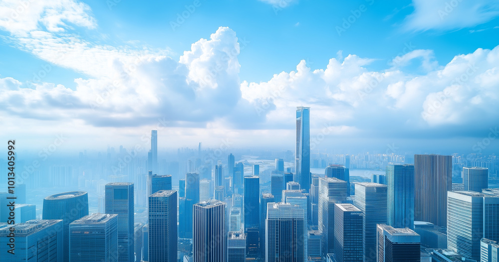 Fototapeta premium City Skyline and Skyscrapers Under Blue Sky and White Clouds Aerial View