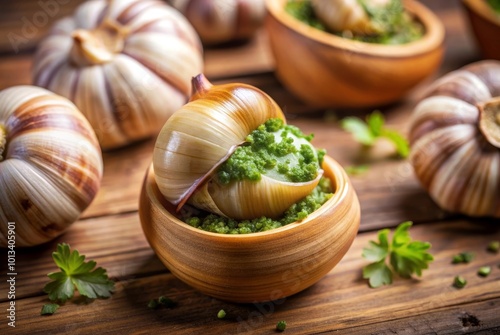 Large escargot snails stuffed with garlic and herbs with butter