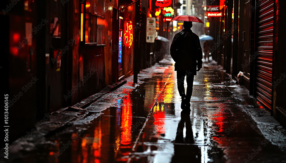 Shoot in a narrow alley after a rainstorm, capturing reflections of neon signs or street lamps in the wet pavement, while the person is framed walking away or with their back turned for a cinematic fe Shoot in a narrow alley after a rainstorm, capturing reflections of neon signs or street lamps in the wet pavement, while the person is framed walking away or with their back turned for a cinematic fe