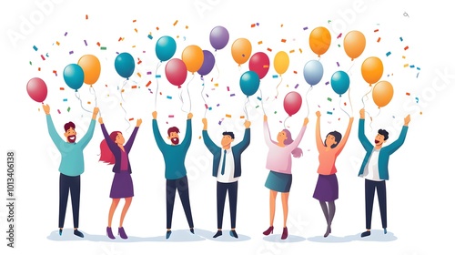 Happy team celebrating birthday together, vector illustration on a white background, in a minimalist style, with a flat design