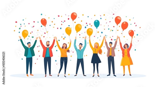 Happy team celebrating birthday together, vector illustration on a white background, in a minimalist style, with a flat design