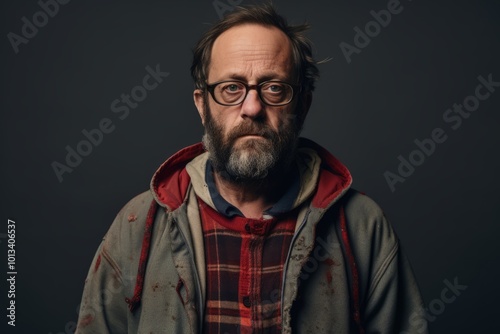 Portrait of a bearded man in glasses and a plaid shirt on a dark background