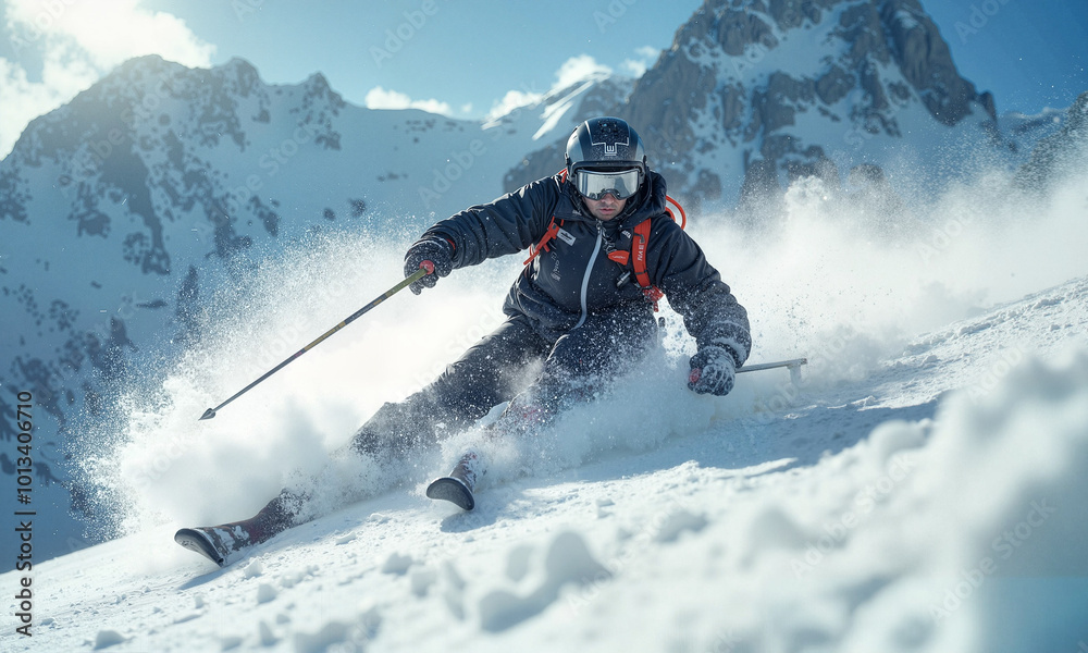 Skilled Skier With Determined Mood Carving Through Powdery Snow Against Dramatic Mountain Backdrop Skilled Skier With Determined Mood Carving Through Powdery Snow Against Dramatic Mountain Backdrop
