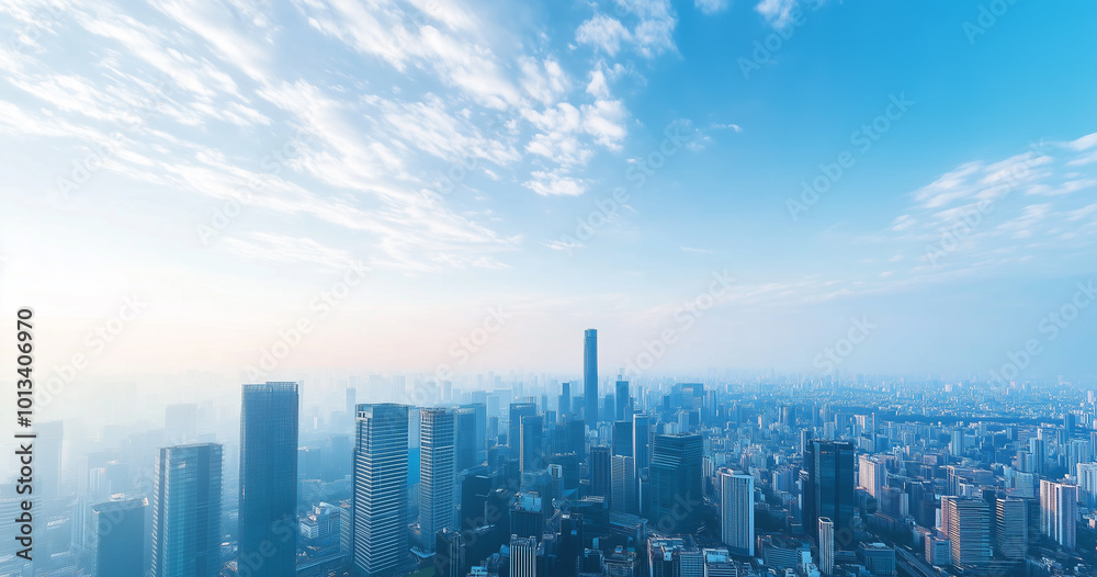 City Skyline and Skyscrapers Under Blue Sky and White Clouds Aerial View City Skyline and Skyscrapers Under Blue Sky and White Clouds Aerial View