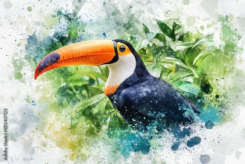 A playful watercolor splash of a toucan with its iconic colorful beak, sitting amidst a backdrop of lush green foliage. 