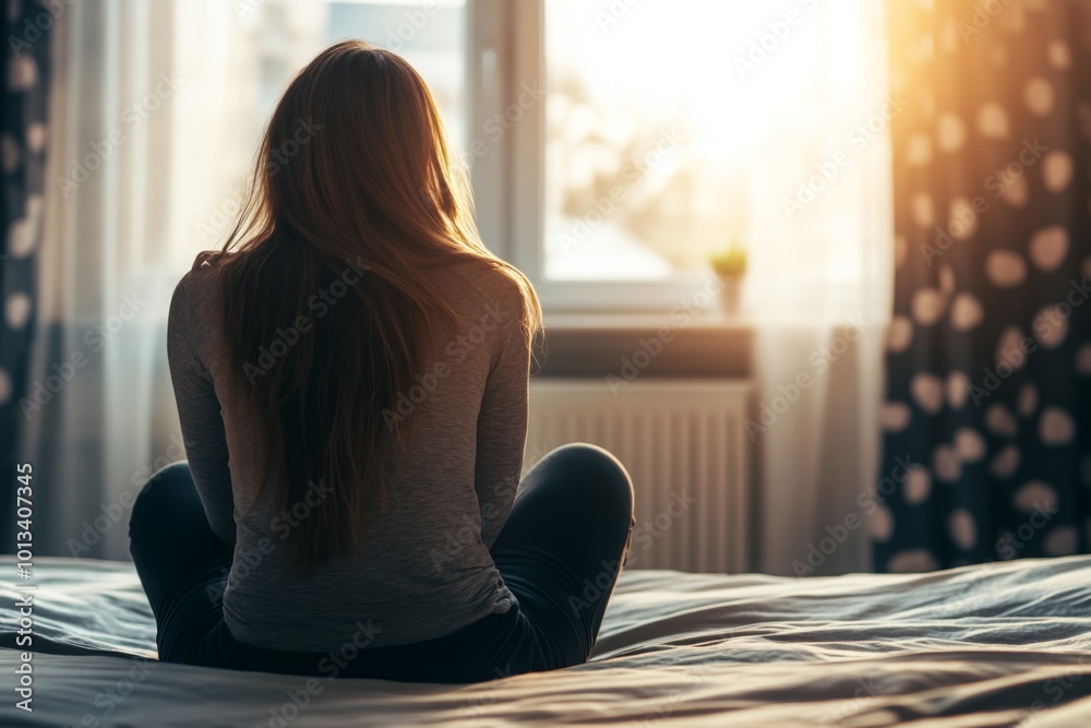 Woman Sitting on Bed, Back to the Camera, Looking Out Window