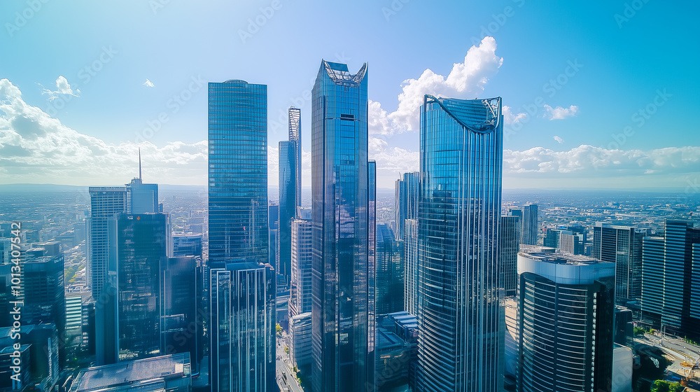 Fototapeta premium Aerial View of City Skyline and High-Rise Buildings Under Blue Sky and White Clouds