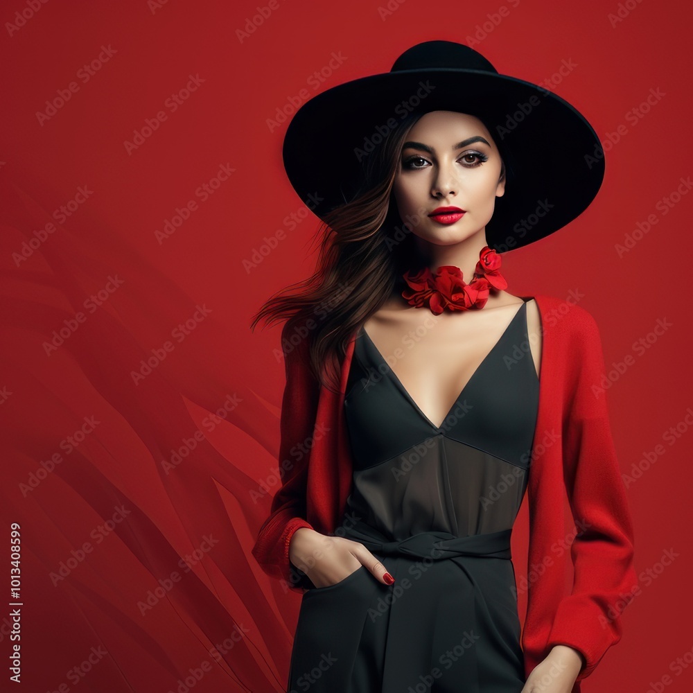 studio portrait of mysterious femme fatale in big hat and black dress. Beauty model in seductive tight dress. Mysterious elegant lady on red background with copy space. well dressed woman 
