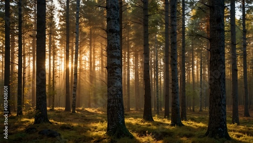 Golden light filtering through tall trees in a Swedish forest during autumn, creating a tranquil atmosphere.