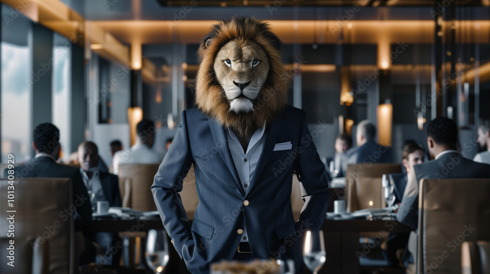 A confident and majestic lion, exuding dignity and authority, is the general manager of a company, presiding over an internal staff meeting. A confident and majestic lion, exuding dignity and authority, is the general manager of a company, presiding over an internal staff meeting.