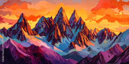 Abstract painting of a mountain range at sunset with a warm color palette.