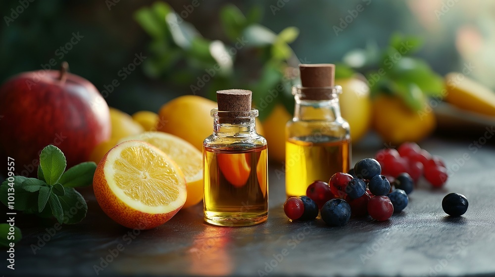 Bottles of Essential Oil with Fresh Ripe Fruits on Table - Aromatherapy and Natural Wellness