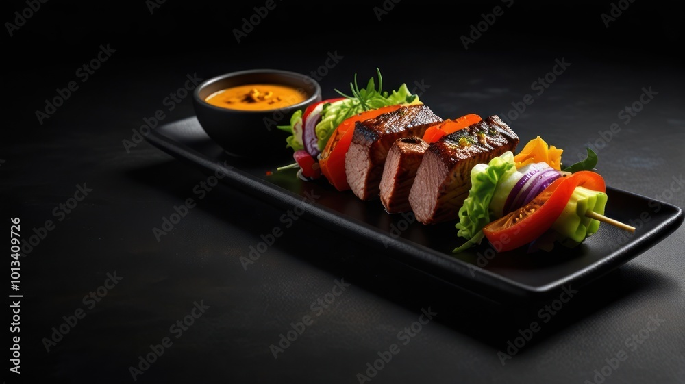 Middle Eastern food in the form of kebabs served on a black plate