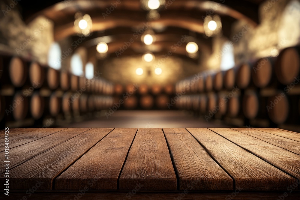 A rustic wooden table stands in a spacious wine cellar. Barrels line the walls creating a warm and inviting atmosphere. Perfect for wine enthusiasts. Generative AI A rustic wooden table stands in a spacious wine cellar. Barrels line the walls creating a warm and inviting atmosphere. Perfect for wine enthusiasts. Generative AI