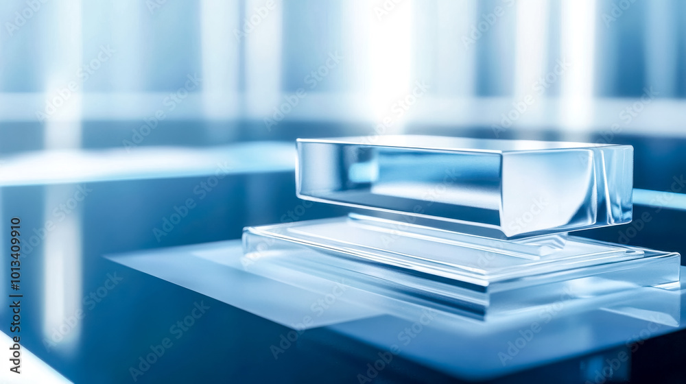 Empty glass product display stand sparkling in the spotlight Empty glass product display stand sparkling in the spotlight