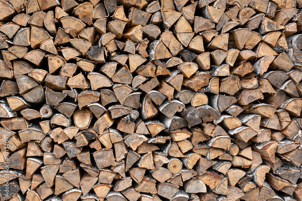 A large stack of birch wood for a fire. A rural lifestyle. A large stack of birch wood for a fire. A rural lifestyle.