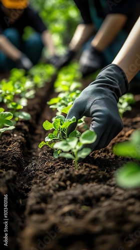 A corporation planting trees in a community green initiative, with employees participating in reforestation efforts photo